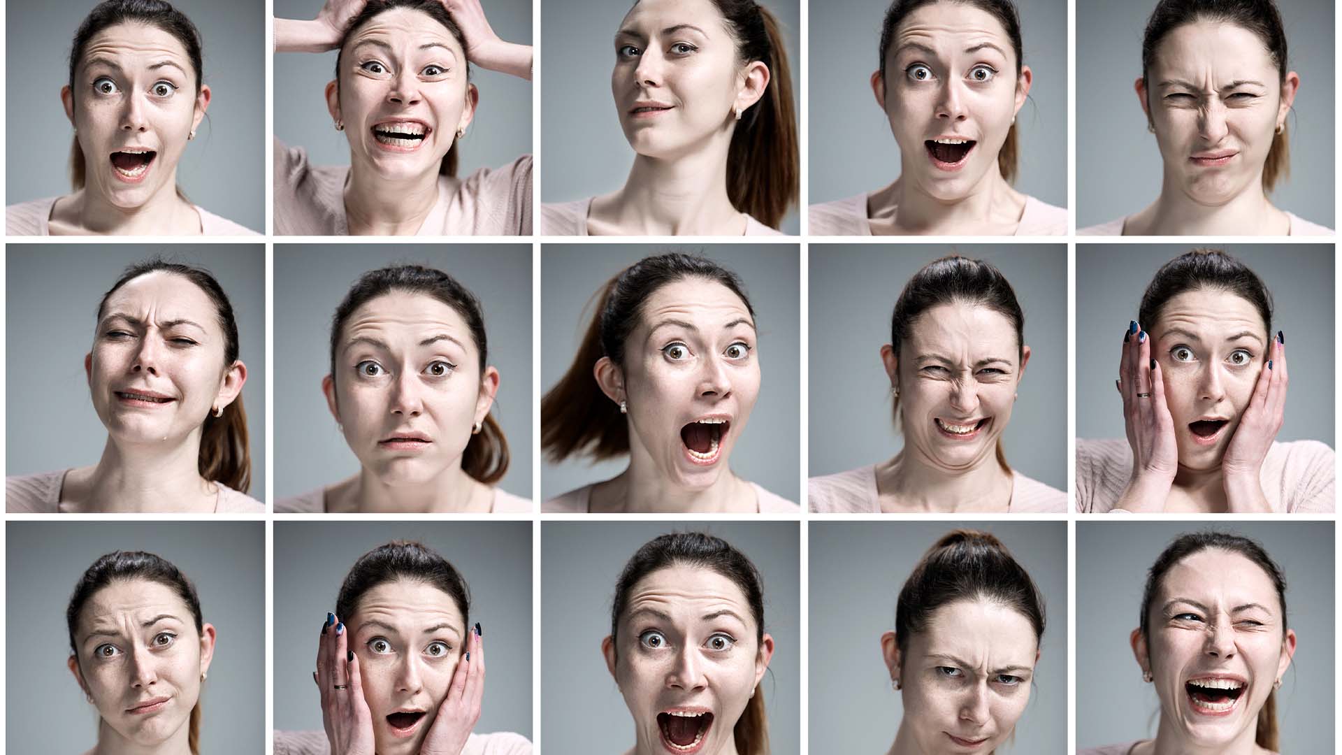 A grid of a woman displaying various emotions such as joy, sadness, anger, surprise, and confusion, symbolizing the emotional complexity addressed in emotional processing therapy.