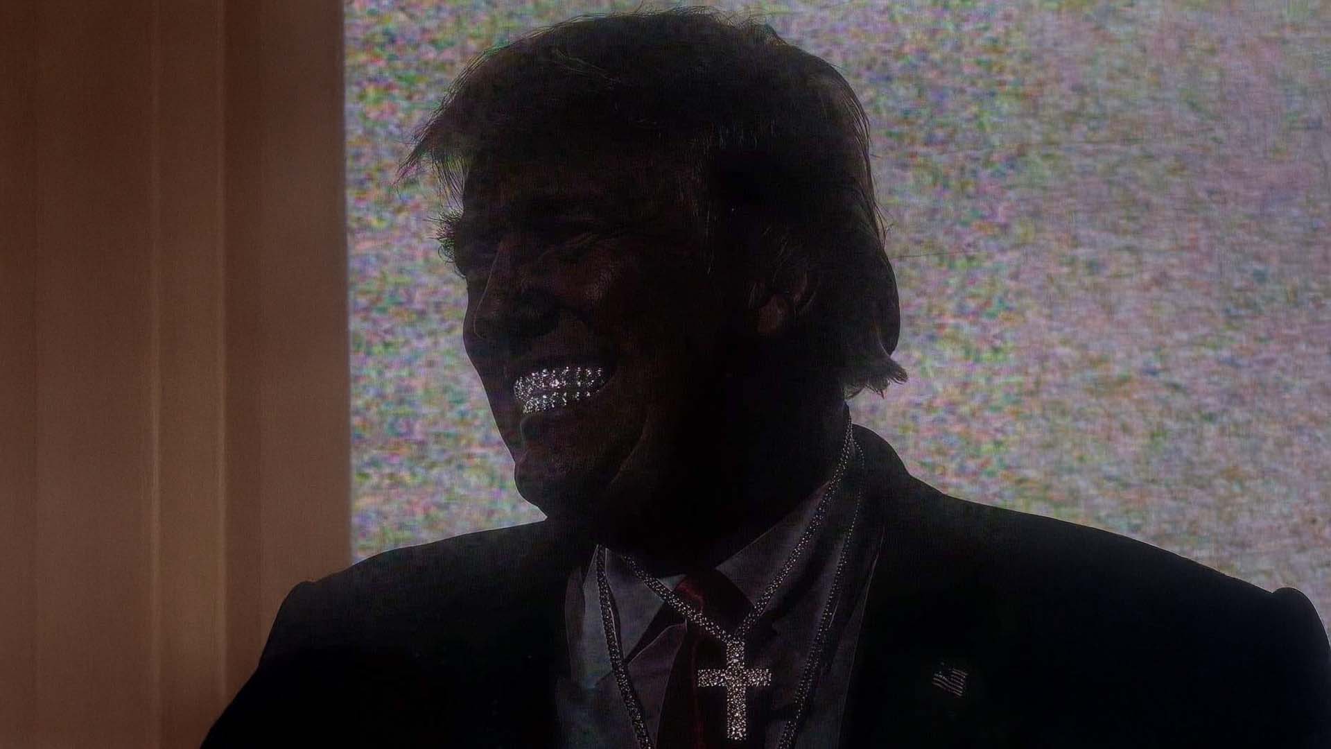 A shadowed figure Donald Trumpwith a sparkling grin and prominent jewelry, including a cross necklace, against a backdrop of static-like visuals