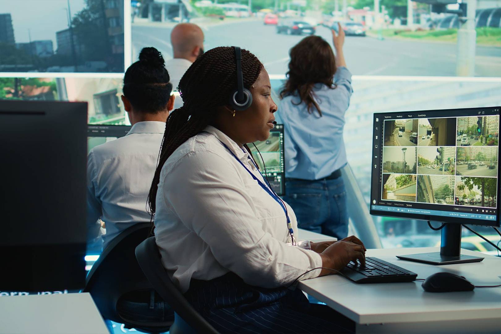 911 dispatcher monitoring surveillance footage in a busy communications center, wearing a headset and working under pressure.
