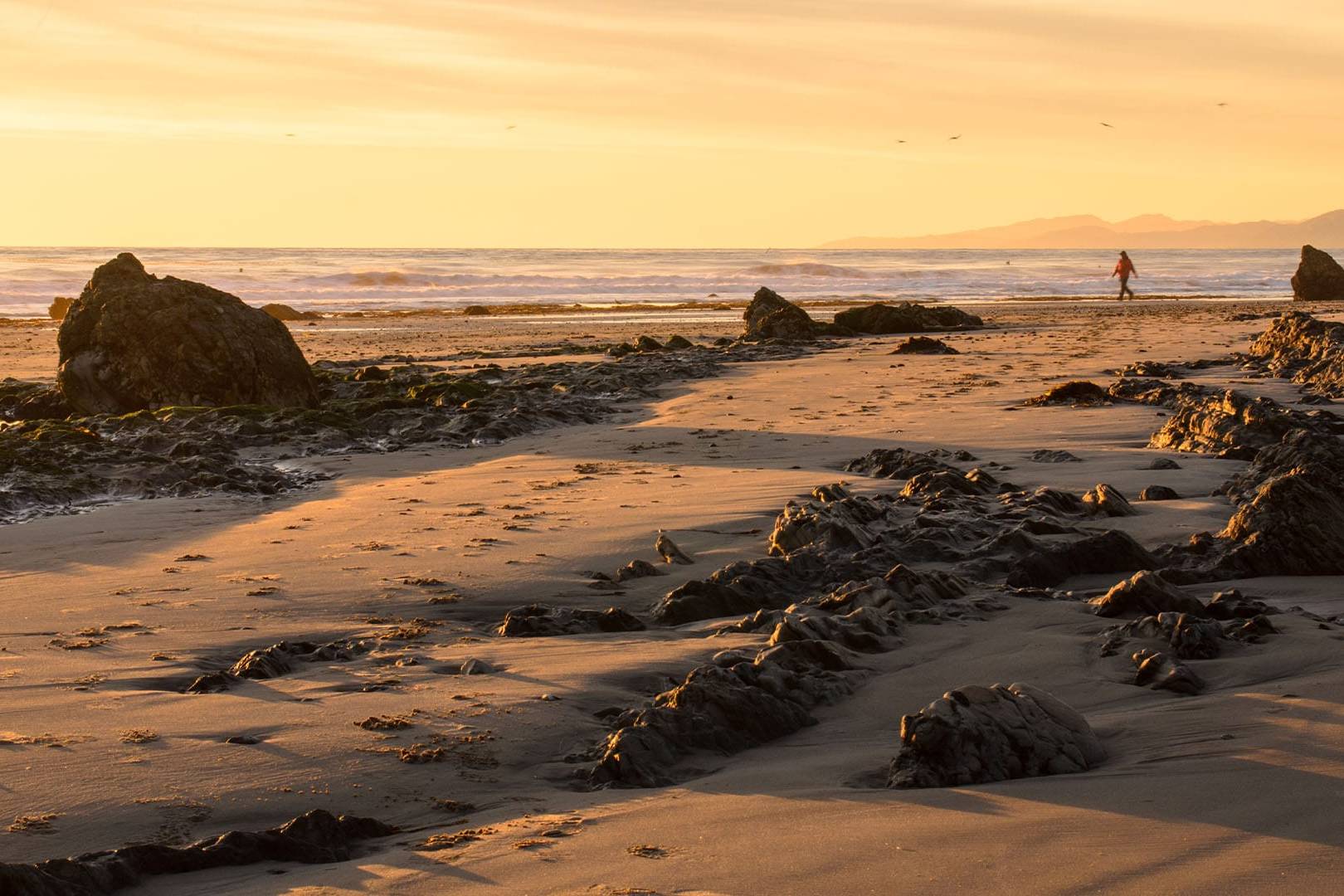 Sunset on a rocky California beach with a lone figure walking, symbolizing the struggle of high-functioning individuals unable to relax even on vacation.