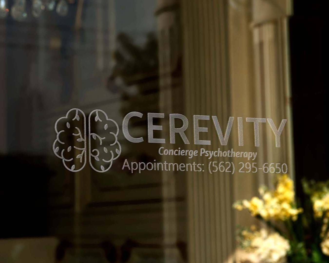 CEREVITY logo with brain emblem and contact number displayed on glass, representing concierge online psychotherapy services.