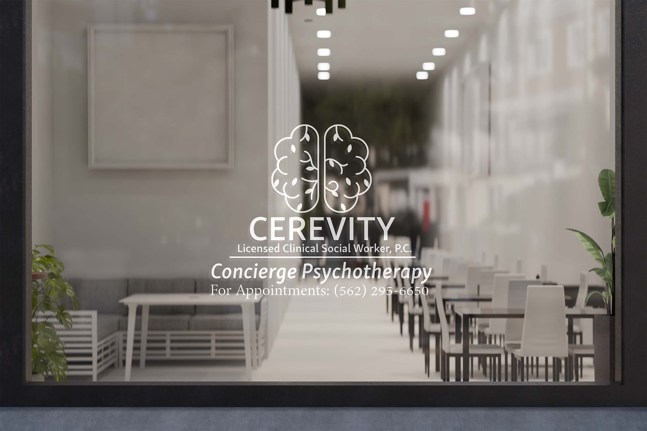 CEREVITY concierge psychotherapy office window with brain logo and contact information representing boutique mental health practice for professionals