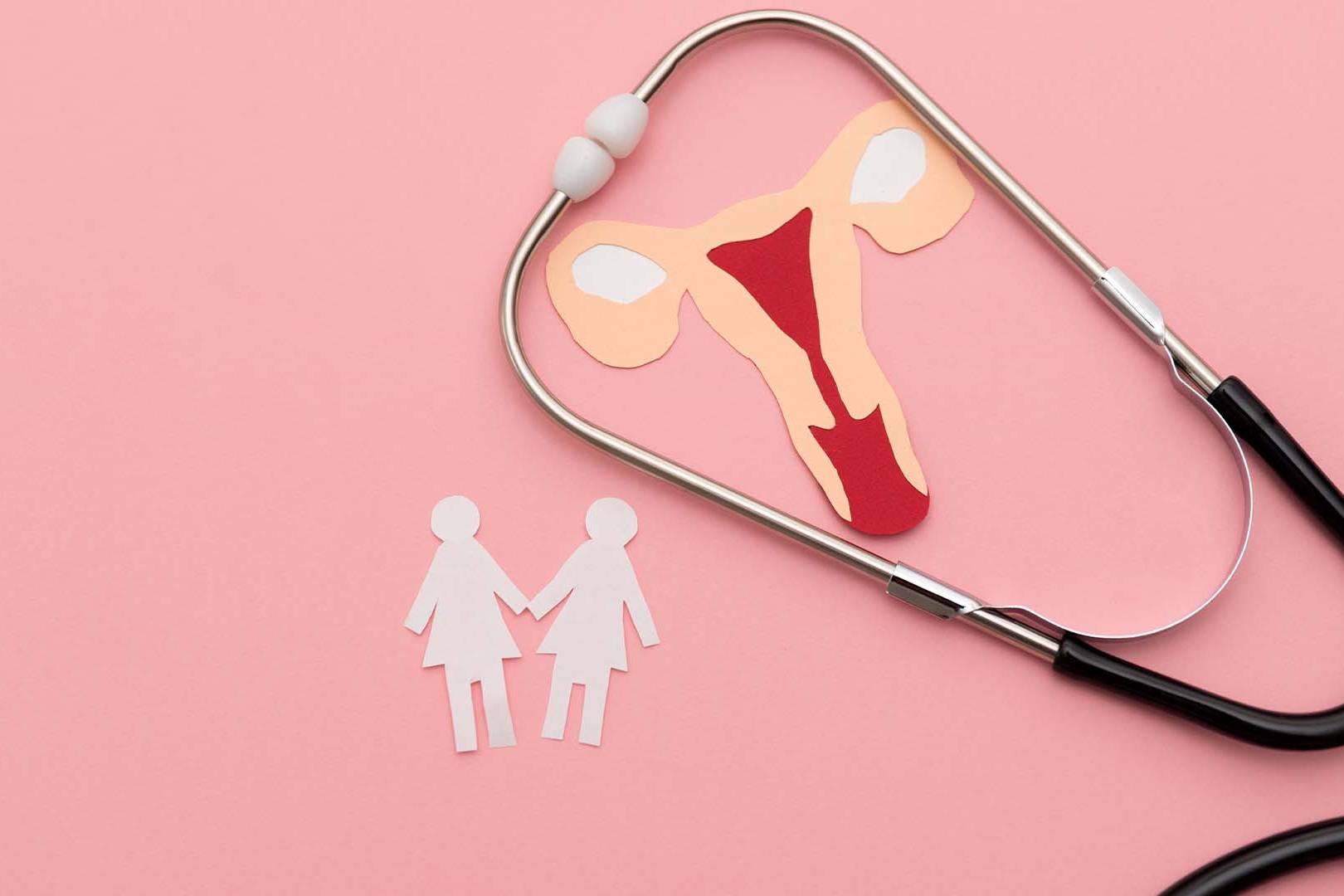 aper cutout of female reproductive system in peach and red with stethoscope and two female paper figures holding hands on soft pink background representing women's healthcare