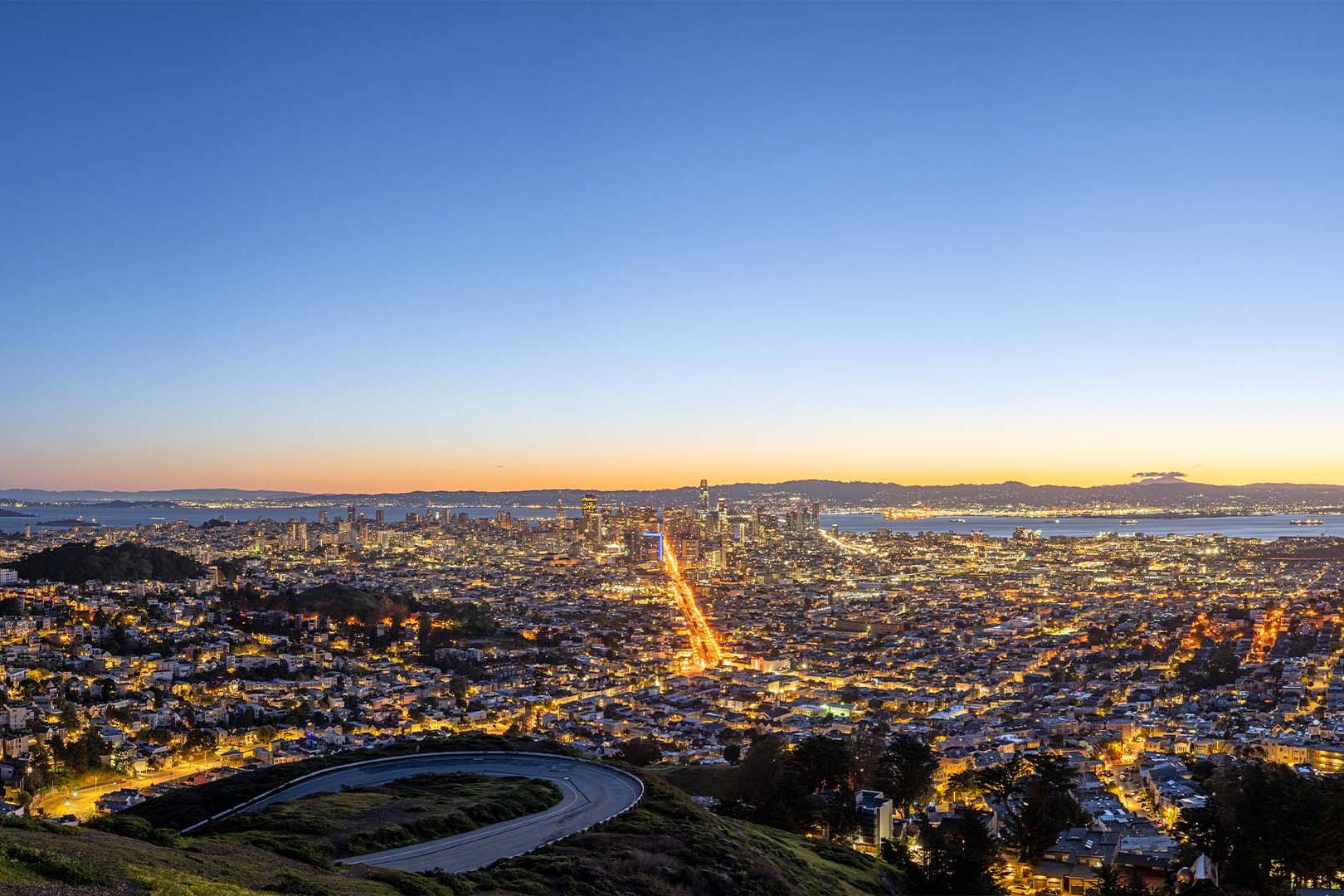 Panoramic view of San Francisco skyline at dusk representing Silicon Valley