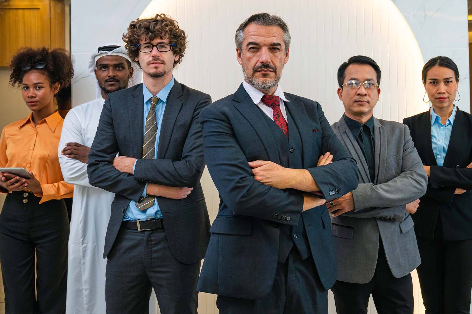 Diverse multicultural executive team standing confidently with arms crossed in modern office lobby