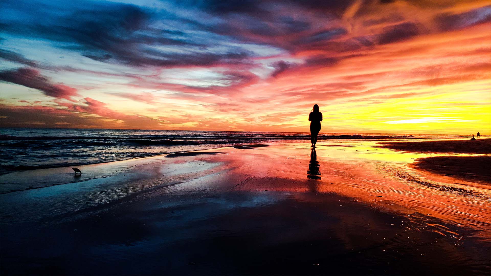 Silhouette of a person walking alone on a beach at sunset with vibrant colors reflected on the wet sand