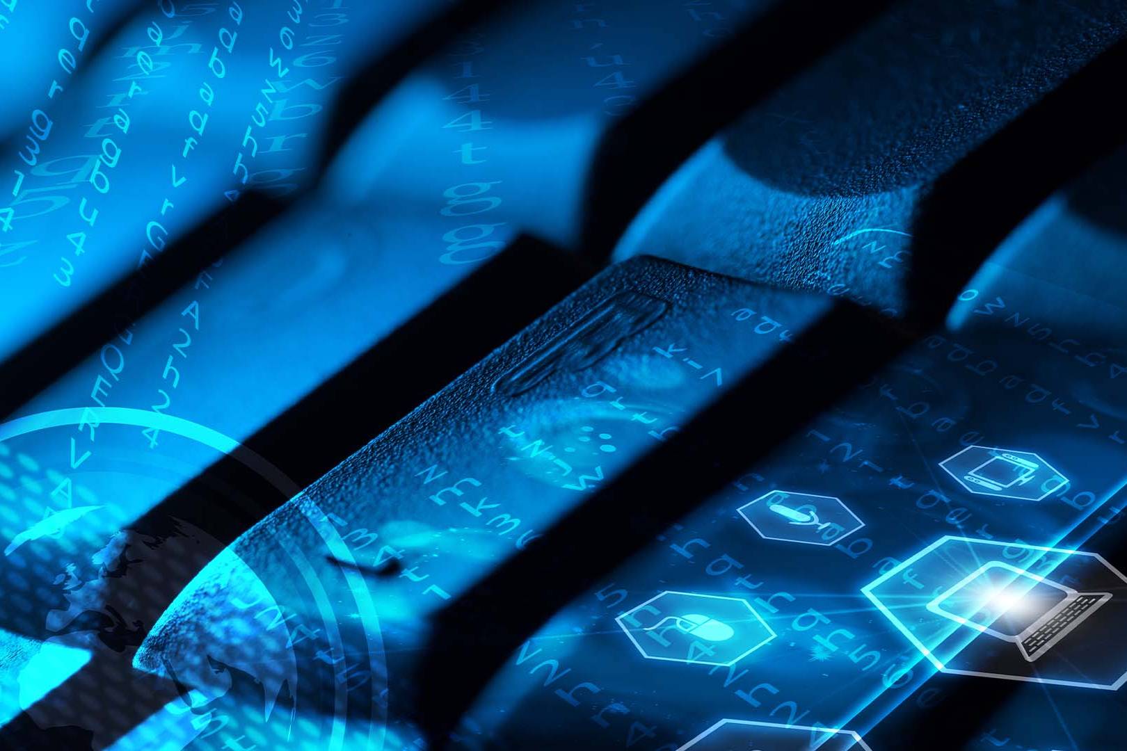 Close-up of a computer keyboard with glowing blue digital security icons representing cybersecurity law stress.