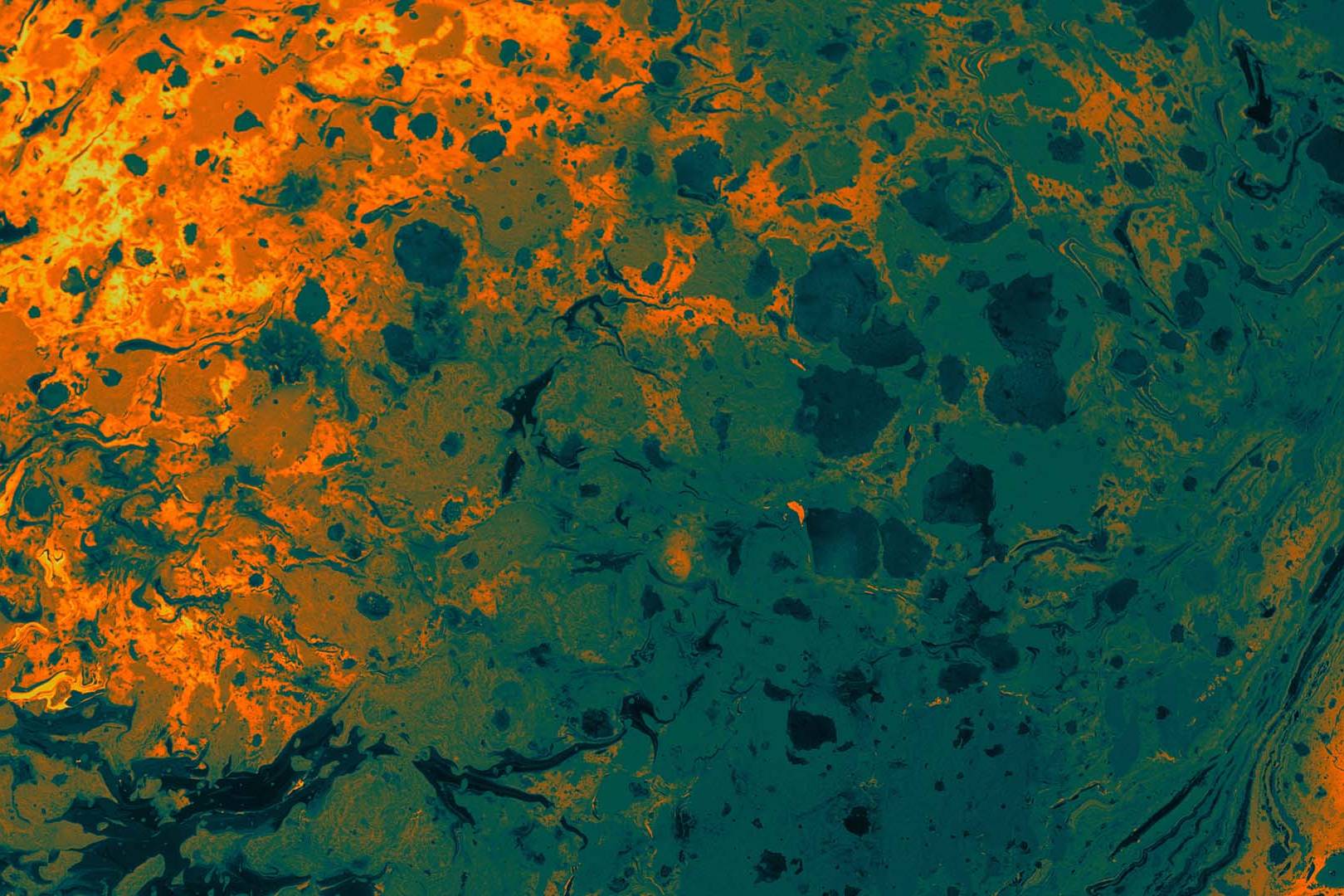 Abstract marbled texture featuring fluid, swirling patterns of bright orange and dark teal.