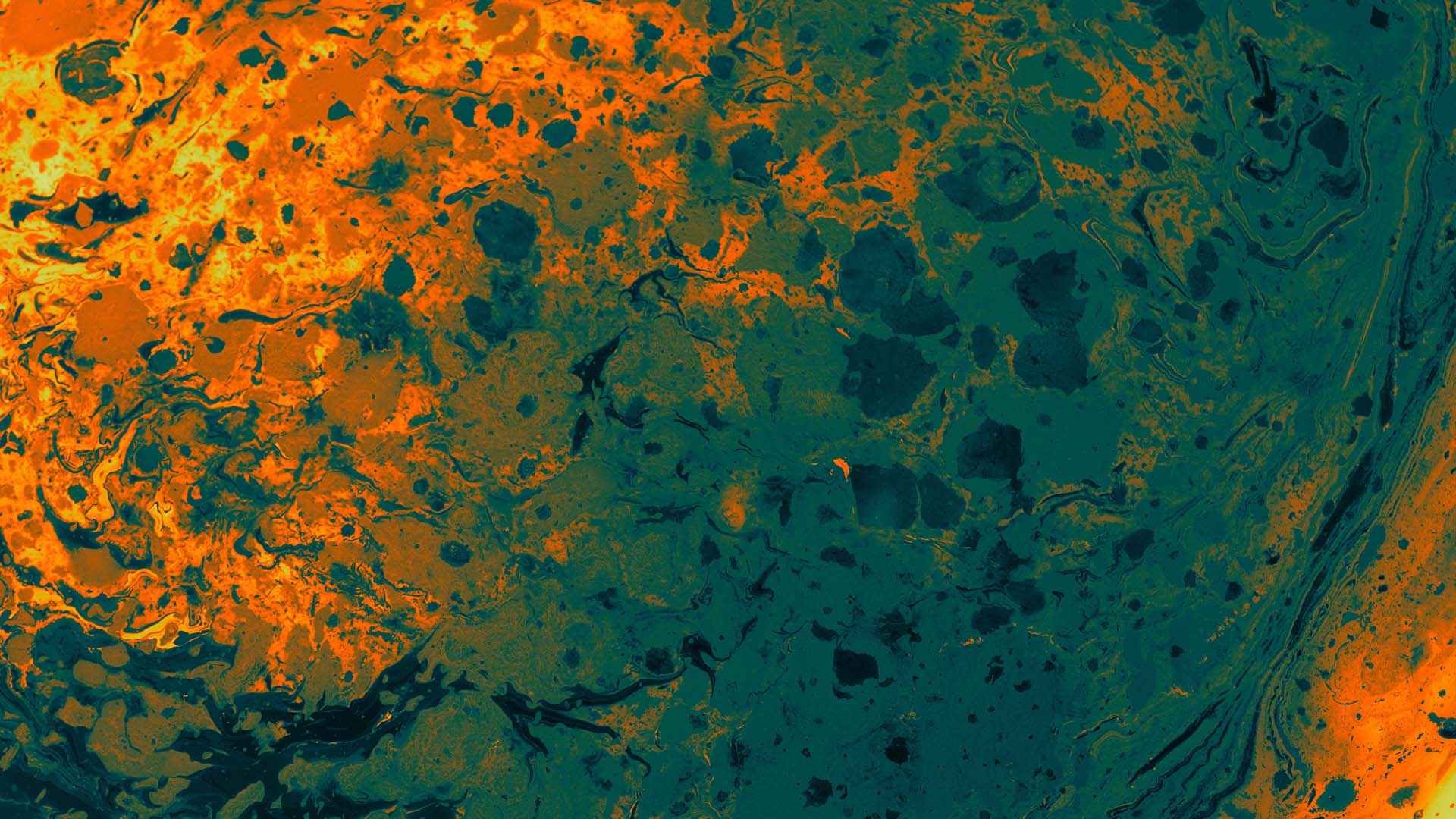 Abstract marbled texture featuring fluid, swirling patterns of bright orange and dark teal.