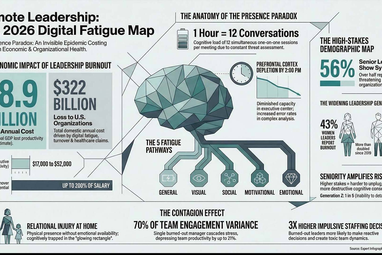 Infographic titled Remote Leadership: The 2026 Digital Fatigue Map detailing the economic and cognitive impacts of digital burnout on senior leaders.