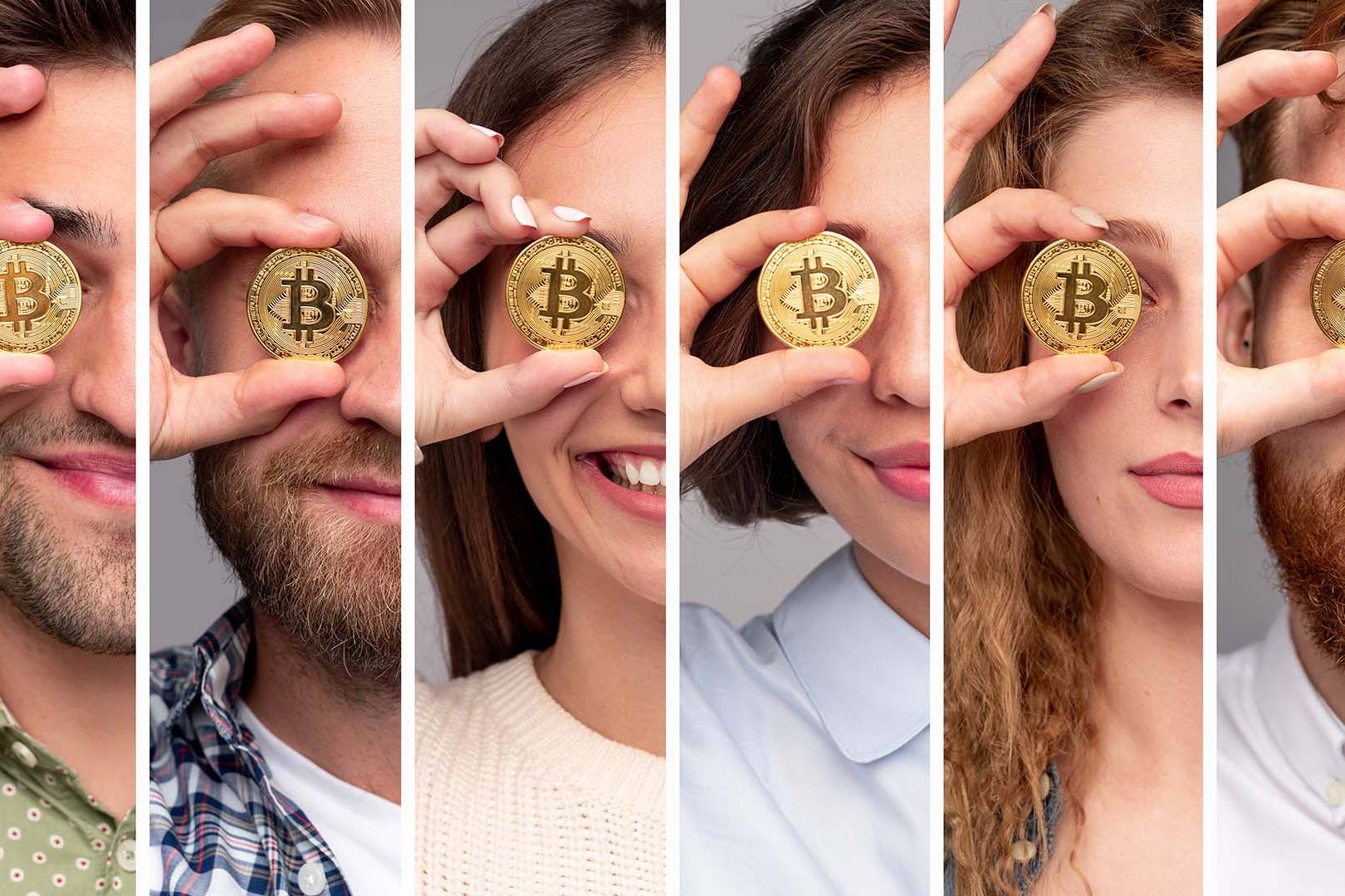 A collage of diverse individuals smiling while holding physical Bitcoin tokens over one eye, representing crypto investors.
