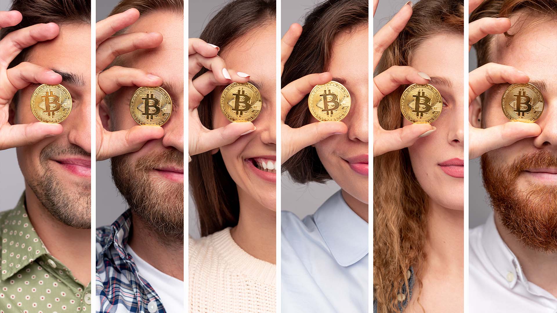 A collage of diverse individuals smiling while holding physical Bitcoin tokens over one eye, representing crypto investors.