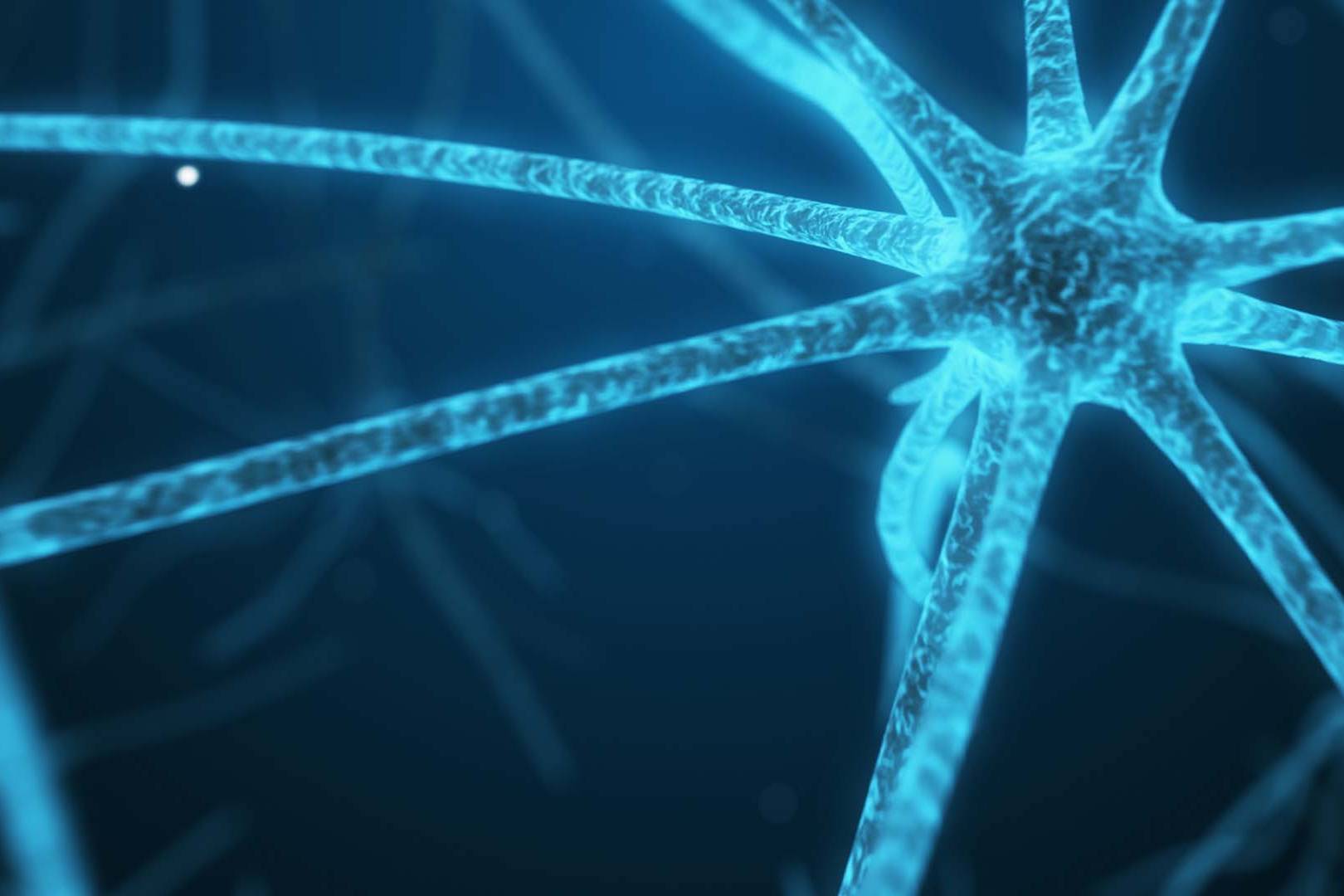 Glowing blue 3D rendering of a microscopic neuron and neural network.