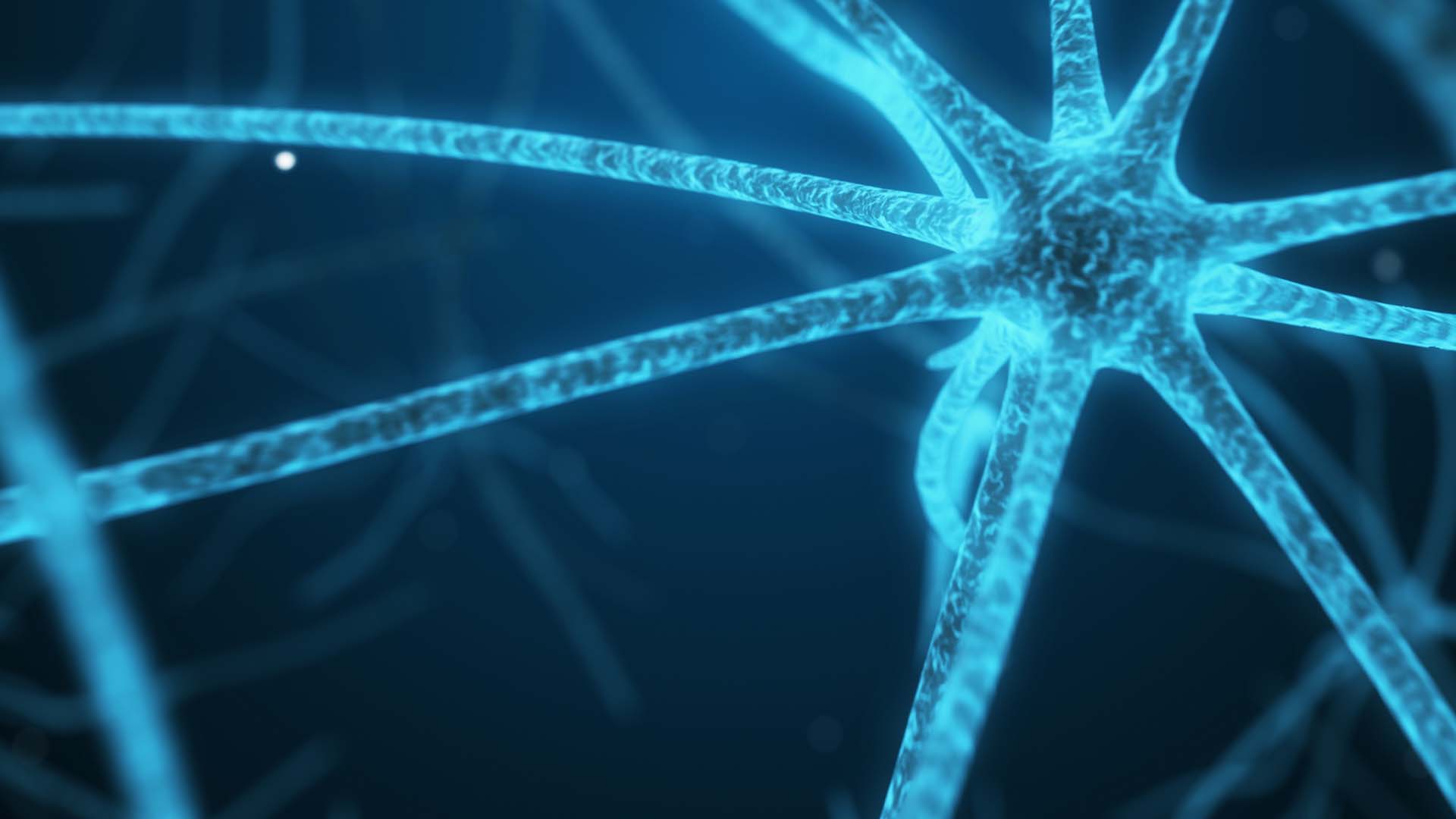 Glowing blue 3D rendering of a microscopic neuron and neural network.