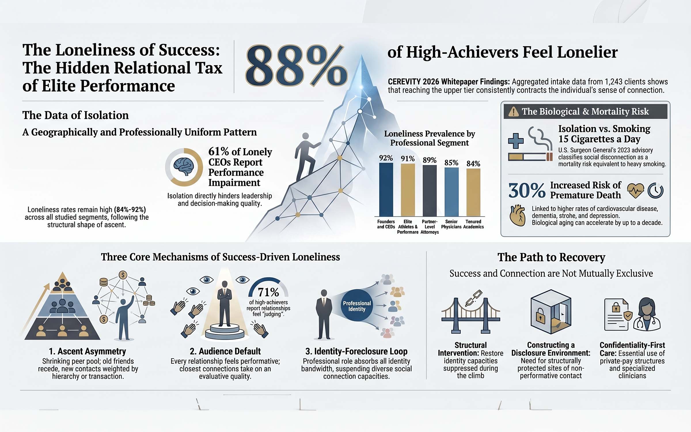 Infographic summarizing The 2026 Loneliness of Success Report: 88% of high-achievers say success made them lonelier. Segment breakdown: Founders and CEOs 92%, Elite athletes and performers 91%, Partner-level attorneys 89%, Senior physicians 85%, Tenured academics 84%. The Surgeon General classifies social disconnection as a mortality risk comparable to smoking 15 cigarettes a day.