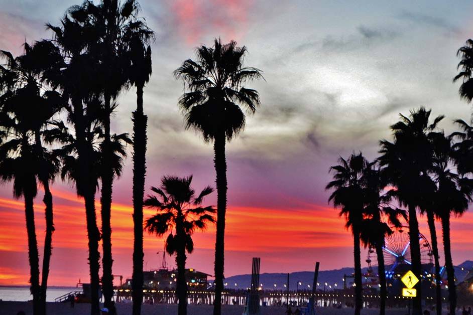 Silhouetted palm trees against a vivid red, orange, and purple sunset sky over a beach, with the Santa Monica Pier, its Ferris wheel, and string lights glowing in the background.
