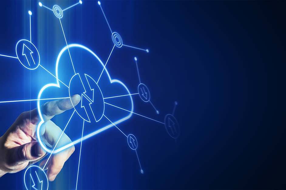 A hand touches a glowing blue cloud icon connected to a network of nodes, representing the cloud-based infrastructure that delivers remote therapy benefits to distributed SaaS teams.