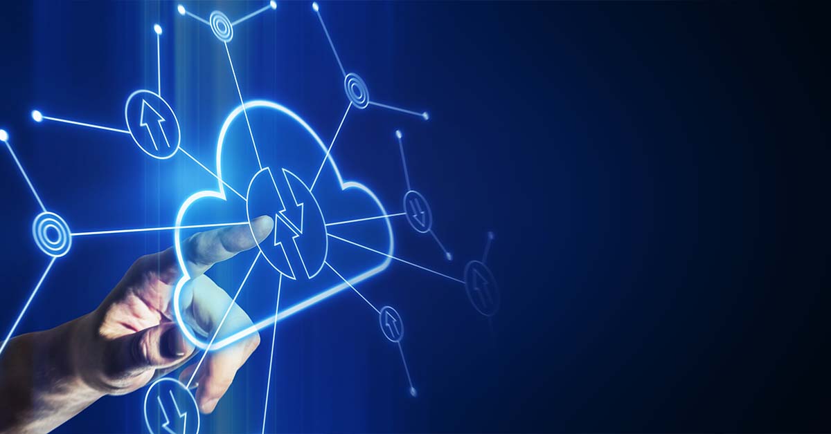 A hand touches a glowing blue cloud icon connected to a network of nodes, representing the cloud-based infrastructure that delivers remote therapy benefits to distributed SaaS teams.