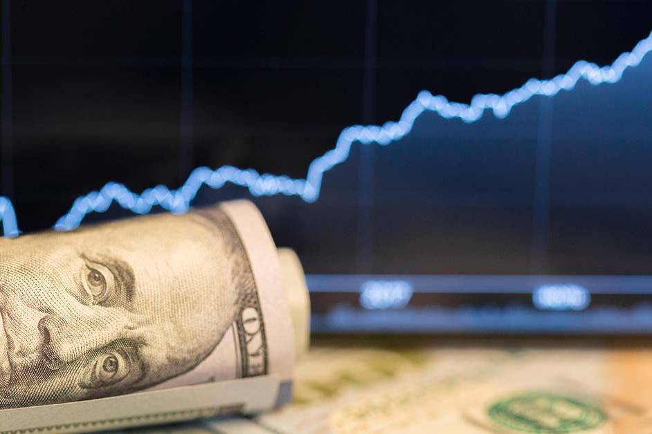 A rolled hundred dollar bill in front of a rising digital stock chart, featured image for the article Therapy for Chicago Hedge Fund and Prop Traders.