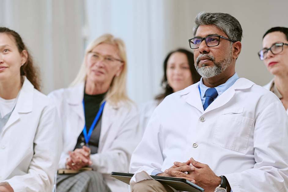 A diverse group of doctors in white lab coats listening attentively in an audience, featured image for the article Therapy for Chicago Physicians.