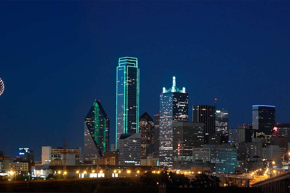The illuminated Dallas downtown skyline at night featuring the Reunion Tower, featured image for the article Therapy for Dallas Founders.