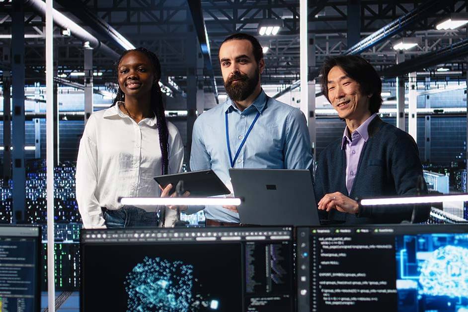 Three diverse tech professionals holding laptops stand in a large data center with rows of servers behind them and monitors showing code and AI brain visualizations in front, representing machine learning engineering.
