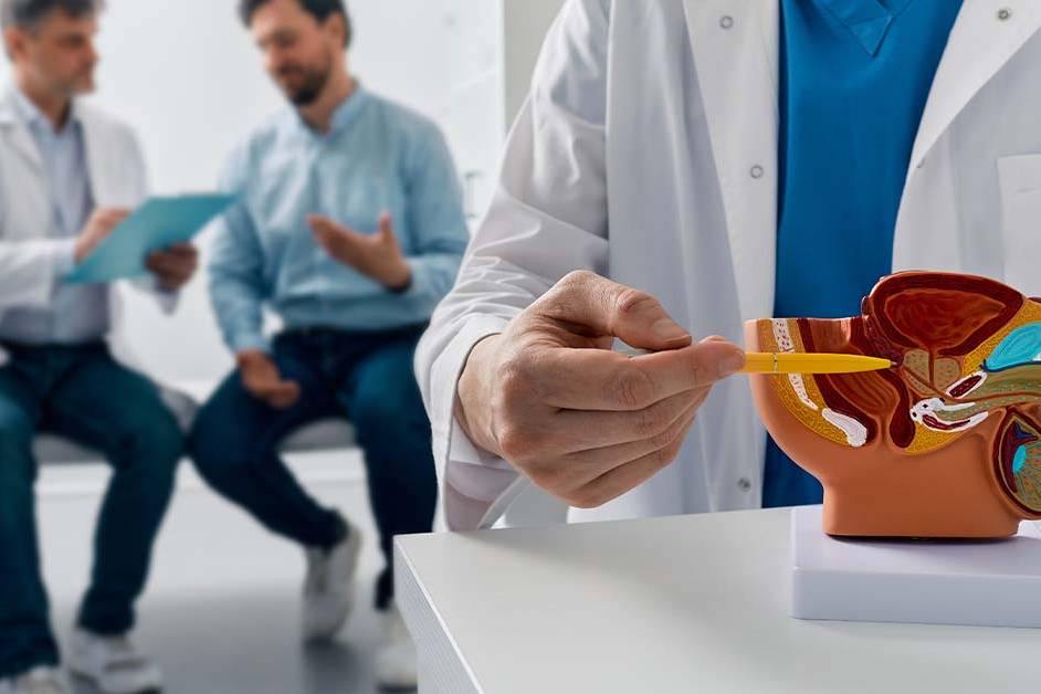 A doctor in a white coat points with a pen to an anatomical model of the male reproductive and urinary system, with a physician and male patient in consultation in the blurred background.