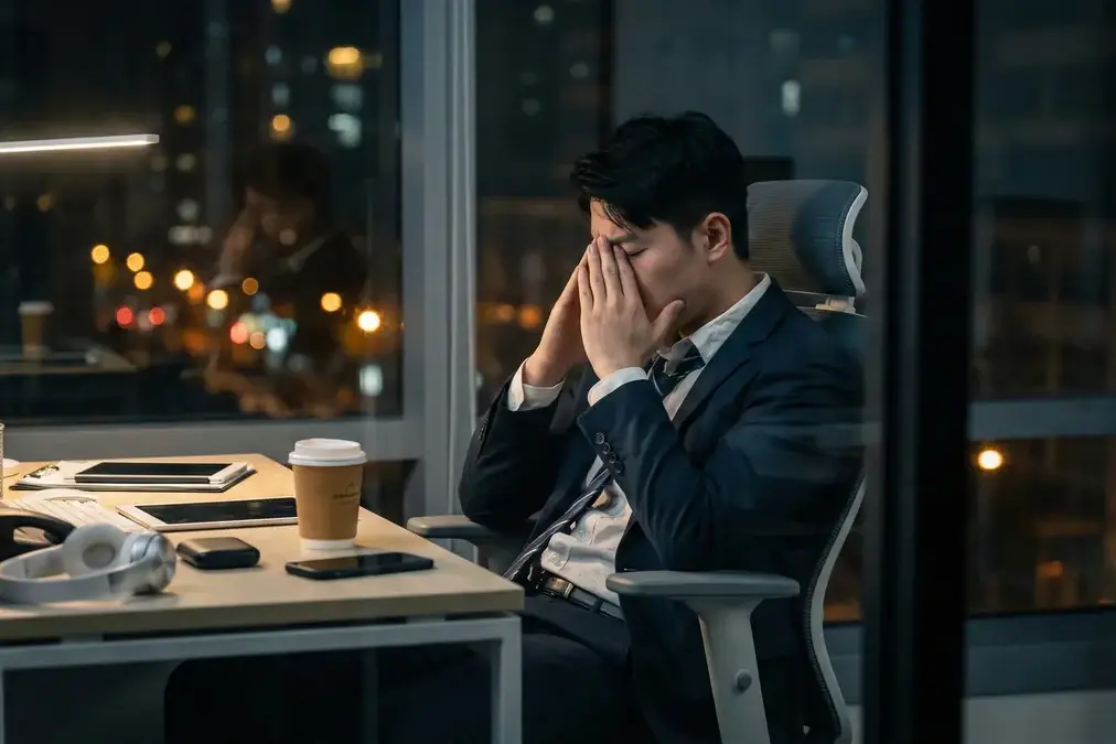 An exhausted startup founder working late at an office desk at night