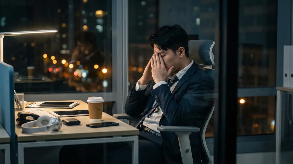 An exhausted startup founder working late at an office desk at night