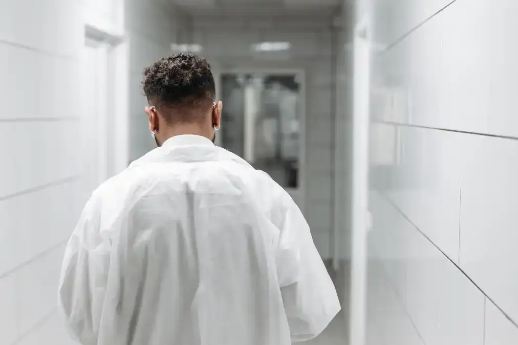 A tired physician standing alone in a quiet hospital corridor at the end of a long shift.