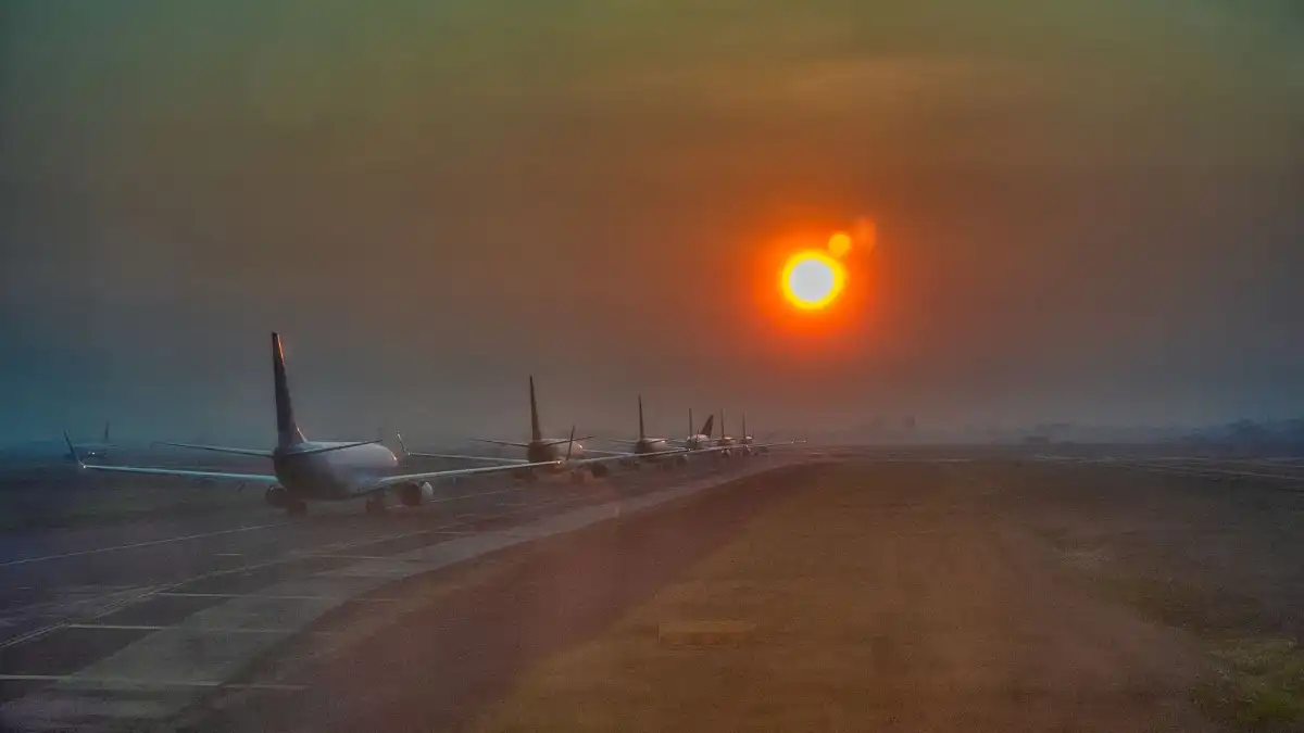 A flight attendant in uniform stands alone at a wide airport window watching aircraft at dawn.
