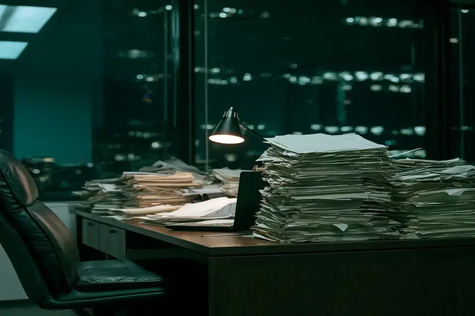 Empty law office desk at night with case files and a single lit lamp