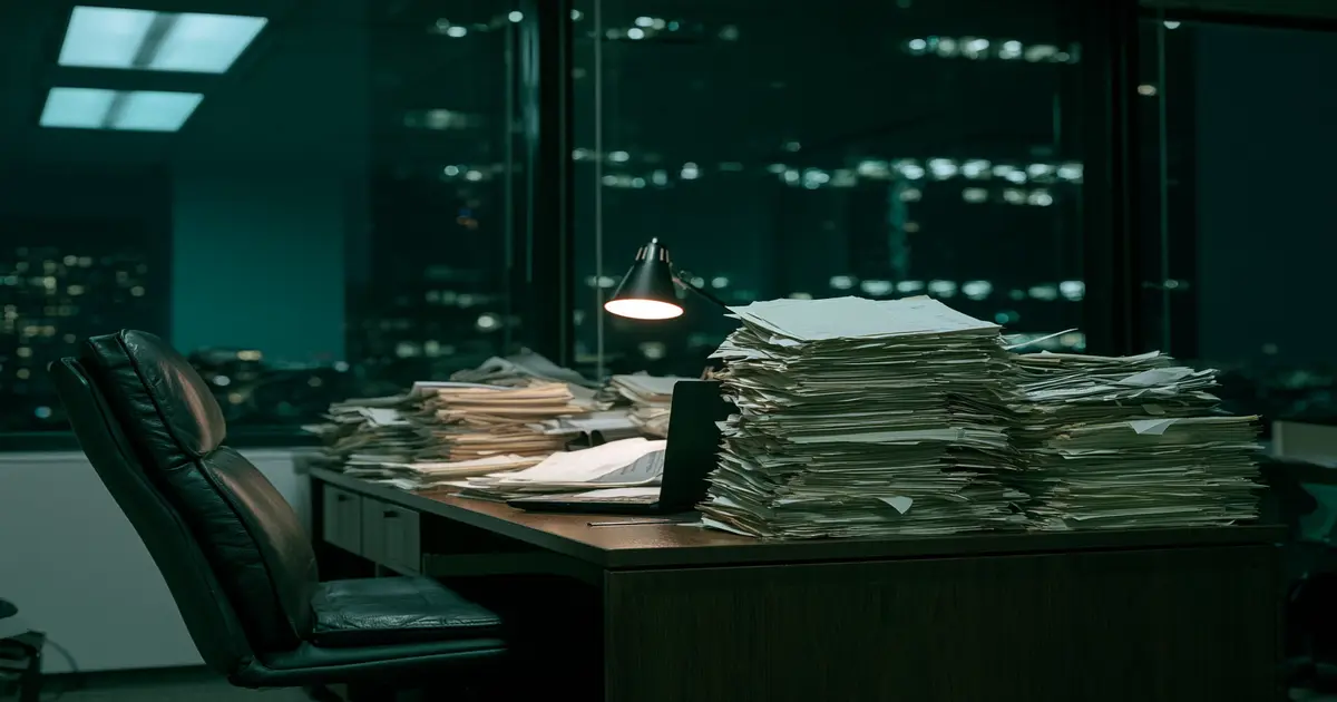 Empty law office desk at night with case files and a single lit lamp