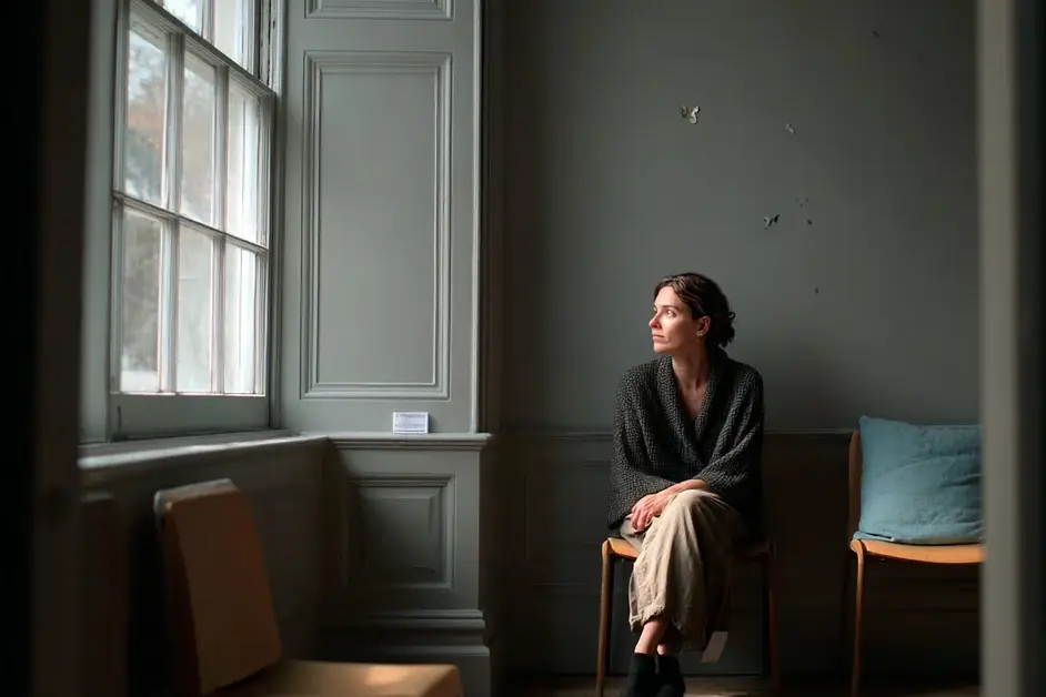 Woman seated alone on a wooden chair against a bare wall beside a tall window in a plain room, looking toward the light