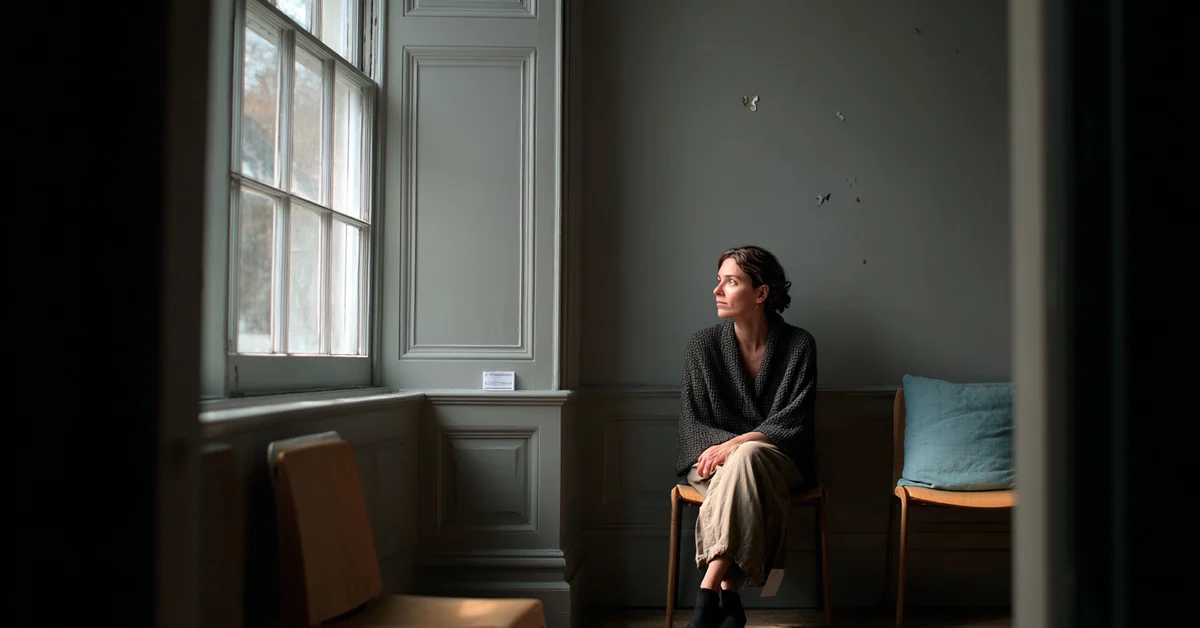 Woman seated alone on a wooden chair against a bare wall beside a tall window in a plain room, looking toward the light