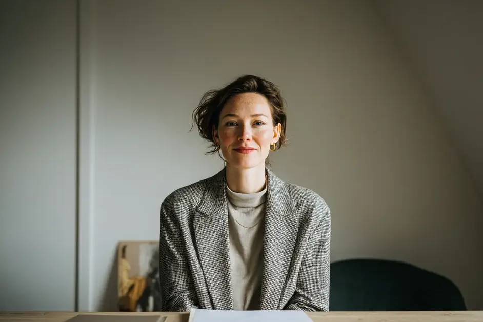 Woman at a completely clear desk with one closed folder squared in front of her and her hands resting either side of it without touching it