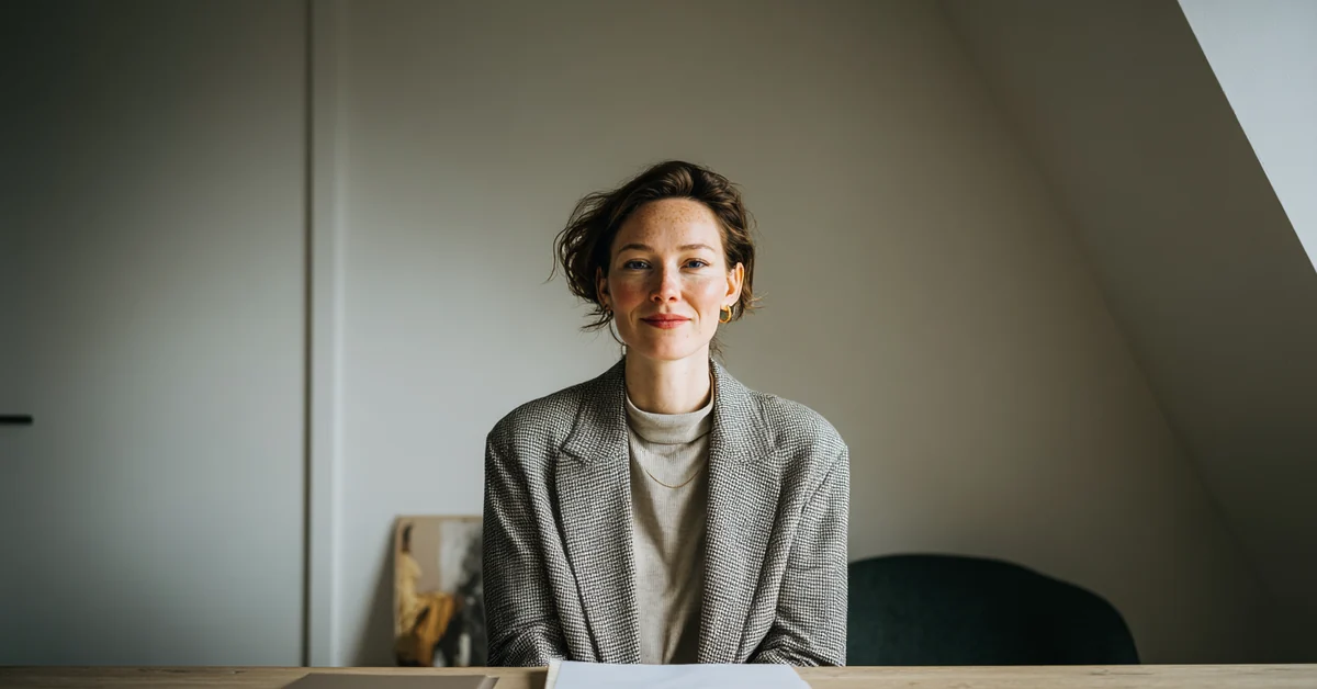 Woman at a completely clear desk with one closed folder squared in front of her and her hands resting either side of it without touching it