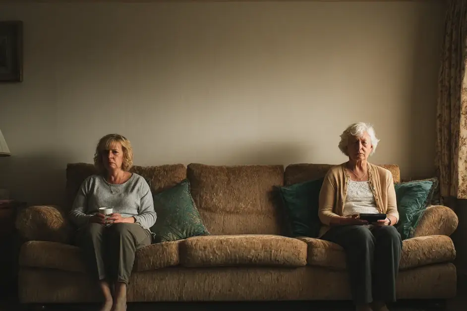 Adult daughter and her elderly mother sitting at opposite ends of the same sofa in daylight with an empty space between them