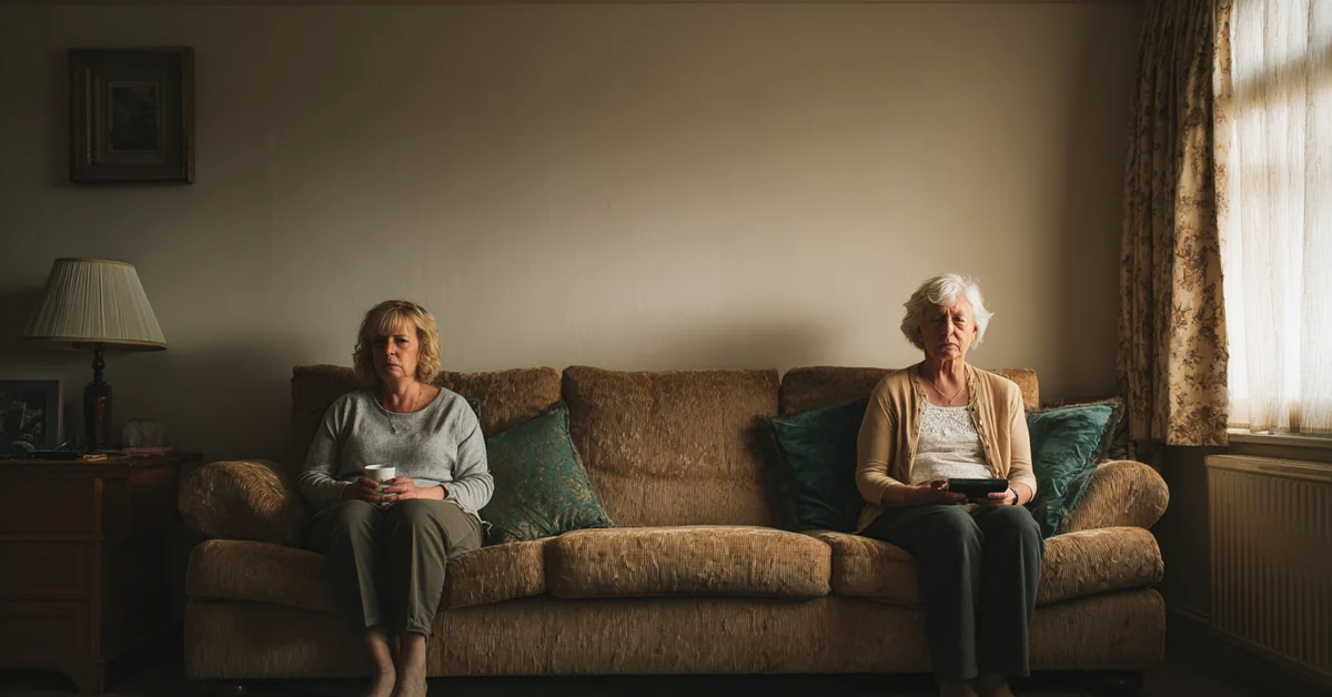 Adult daughter and her elderly mother sitting at opposite ends of the same sofa in daylight with an empty space between them