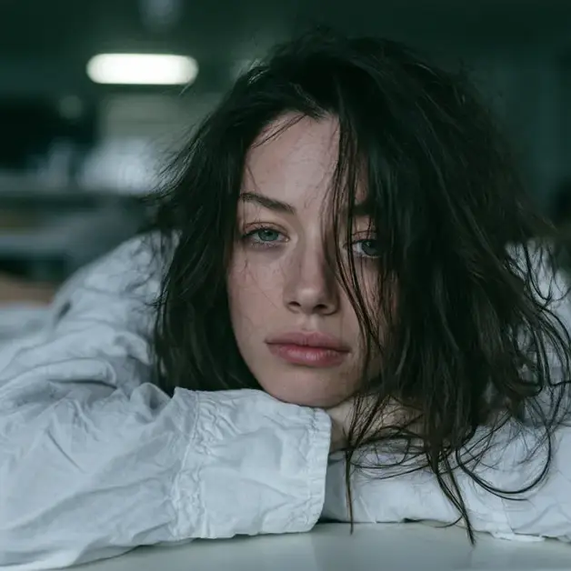 Woman resting her head on her arms on a bed, staring blankly at the camera with a flat expression