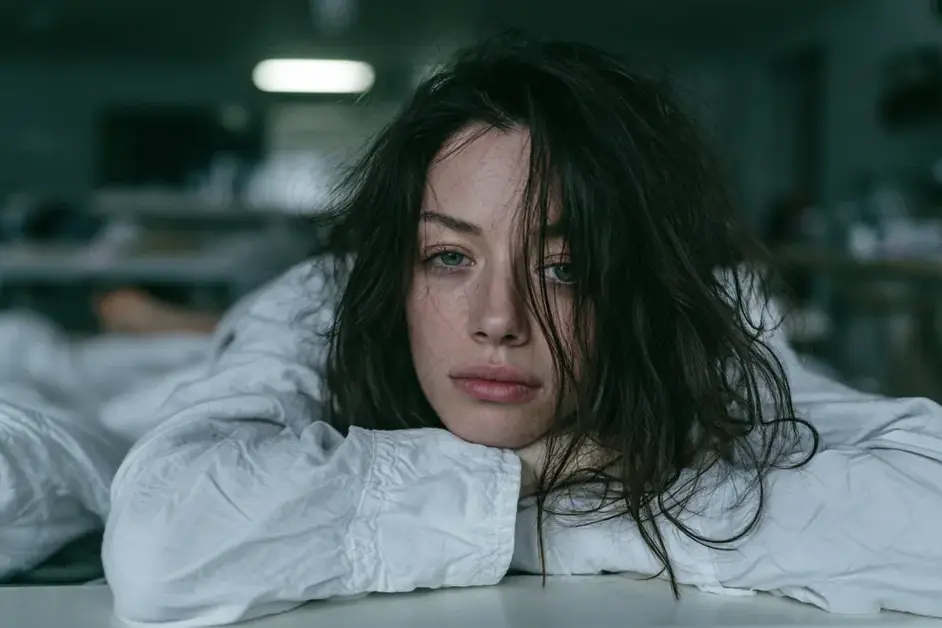 Woman resting her head on her arms on a bed, staring blankly at the camera with a flat expression