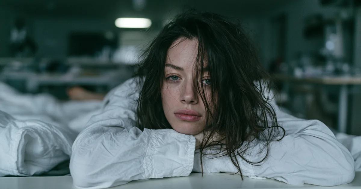 Woman resting her head on her arms on a bed, staring blankly at the camera with a flat expression