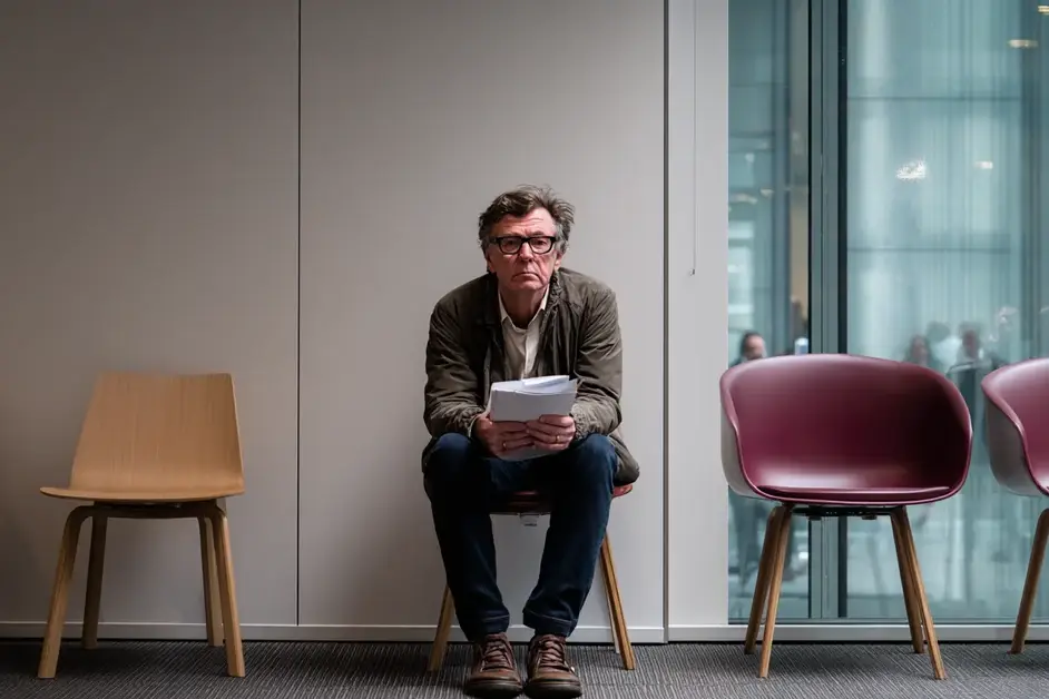 Man sitting alone in an office waiting area with papers on his knee, facing a closed meeting room door