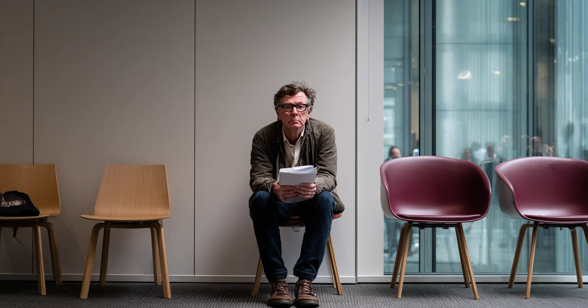 Man sitting alone in an office waiting area with papers on his knee, facing a closed meeting room door