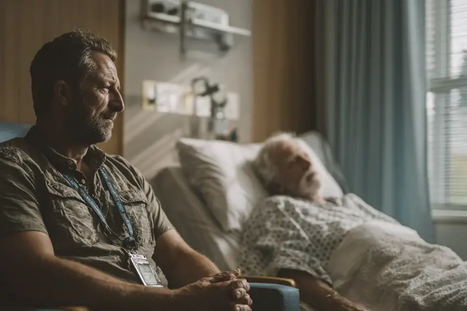 Man with a work badge still clipped on sitting in a chair beside a hospital bed where an older parent sleeps
