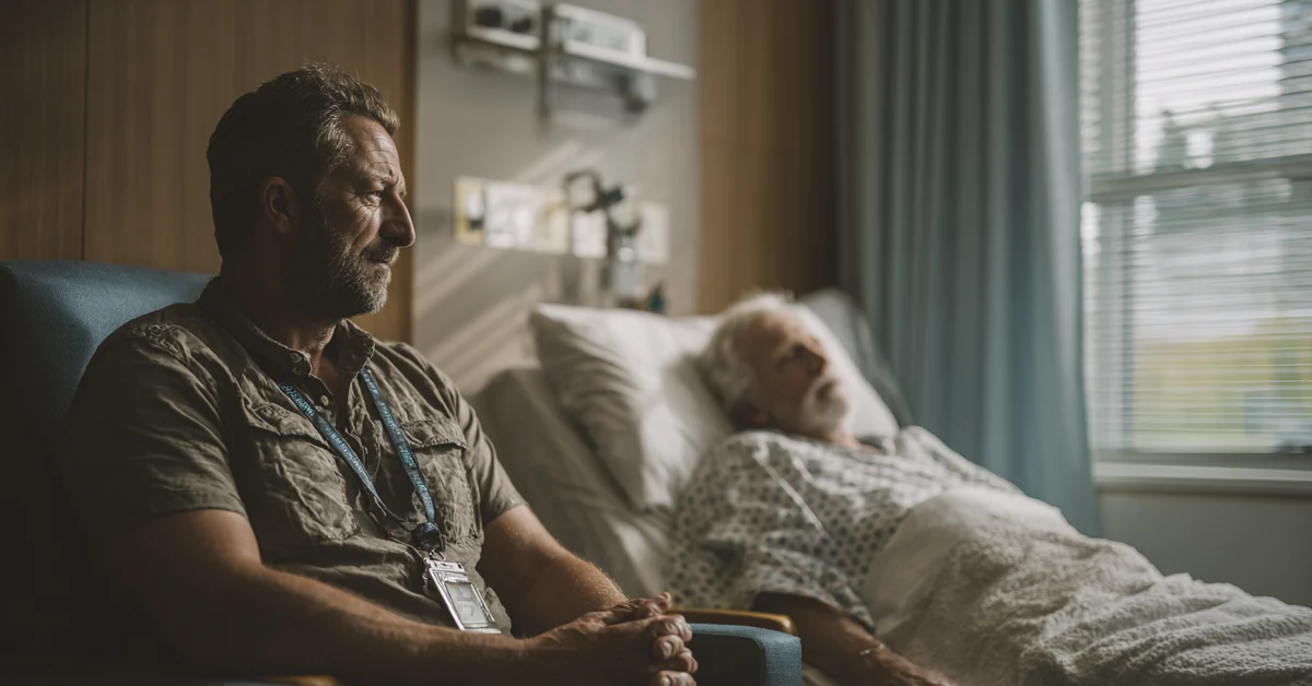 Man with a work badge still clipped on sitting in a chair beside a hospital bed where an older parent sleeps
