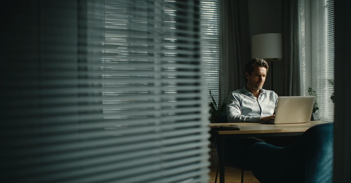 Man in a shirt sitting at a desk in a private office with the blinds half drawn and a laptop open in front of him