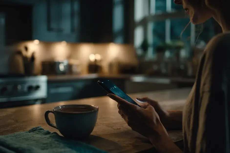 Woman's hands holding a phone at a kitchen counter at night beside a cup of tea, her face out of frame and the screen angled away