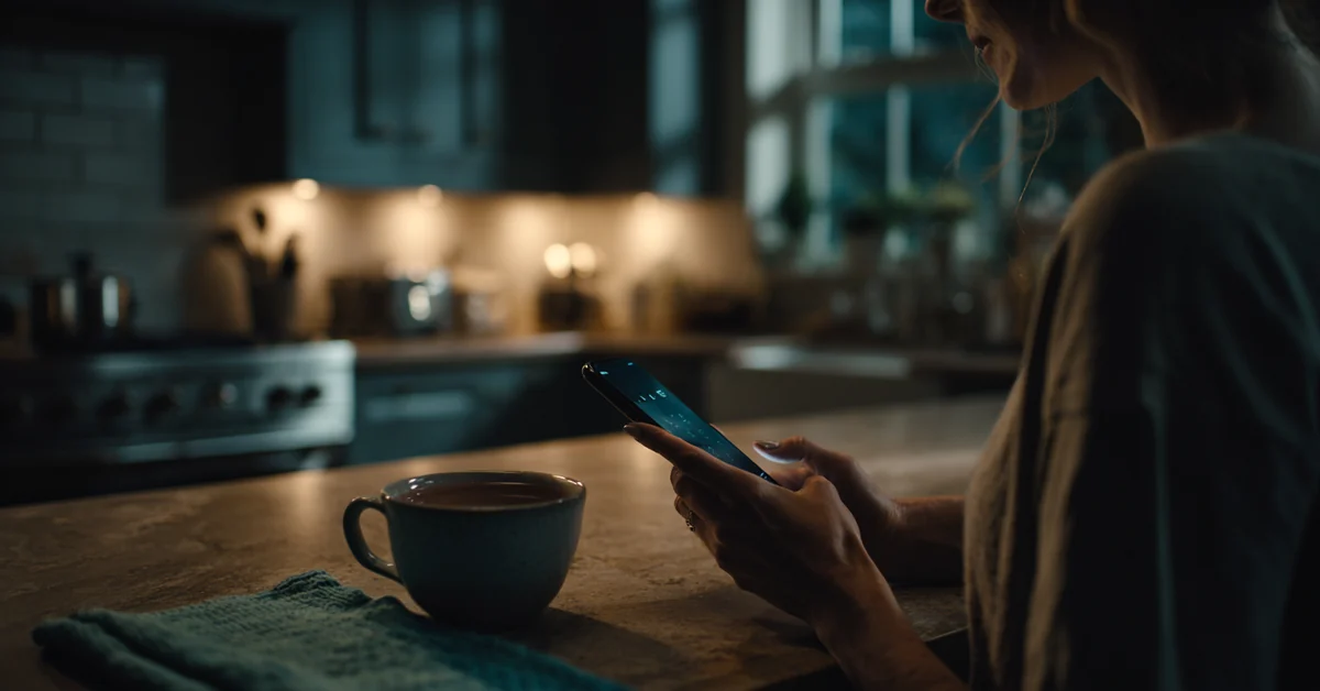 Woman's hands holding a phone at a kitchen counter at night beside a cup of tea, her face out of frame and the screen angled away