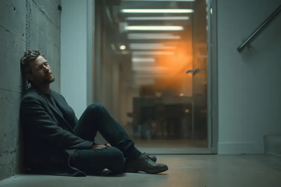 Man sitting on the floor of a concrete stairwell with his back against the wall and eyes closed, the lit office visible as a blur beyond a glass door